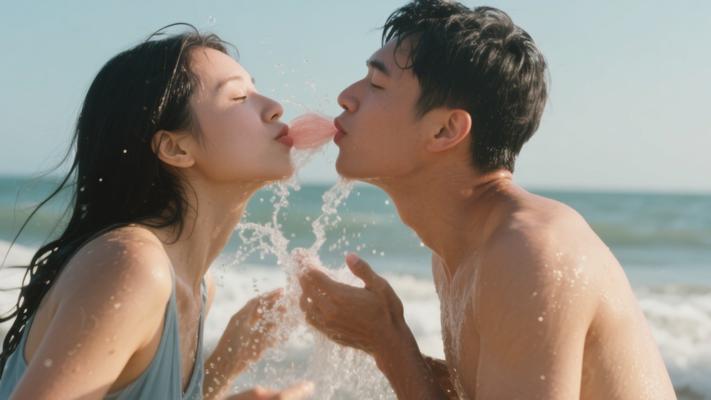 海边嬉戏情侣泼水飞吻高清素材镜头文案