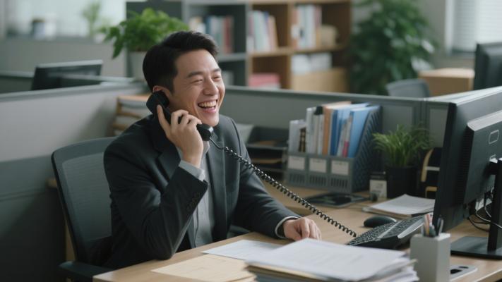 男子办公桌前打电话大笑中镜头高清素材文案