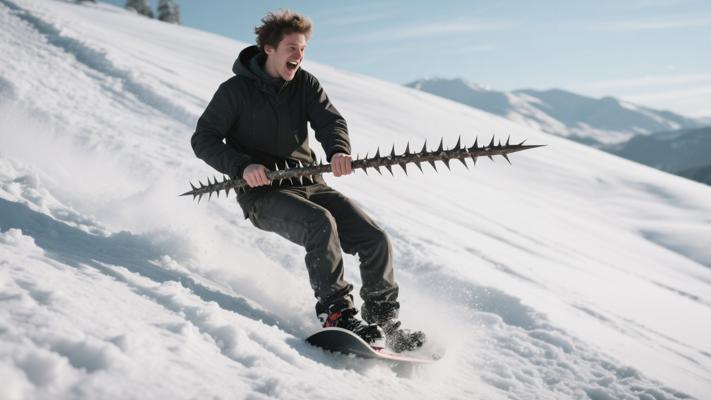 高清雪地滑雪搞笑场景手持尖刺斜坡滑行素材