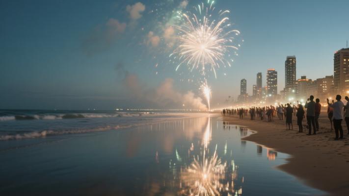 海滩烟花观赏与城市灯光倒影高清素材