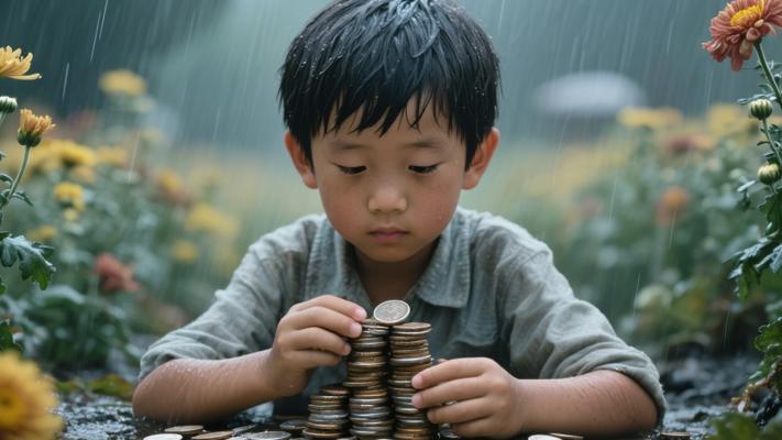 与风雨中的菊花：小男孩用硬币堆起的孝心