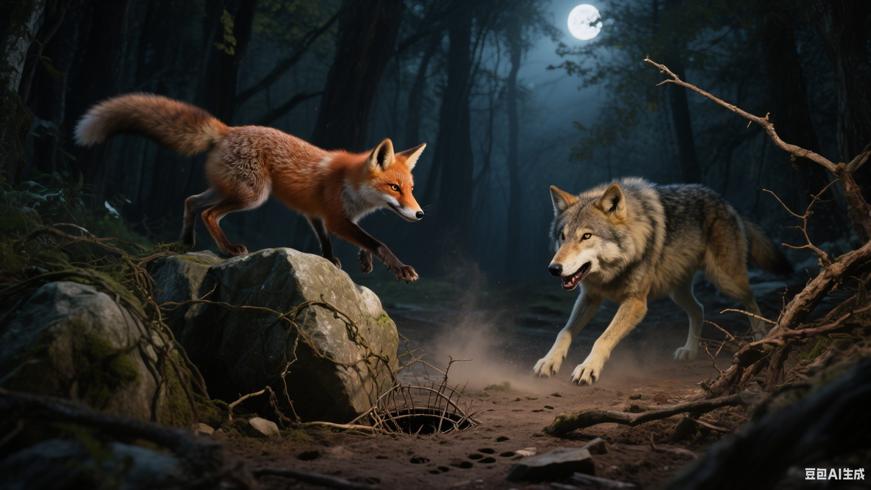 神秘森林中狐狸智斗饿狼的惊险较量与智慧启示