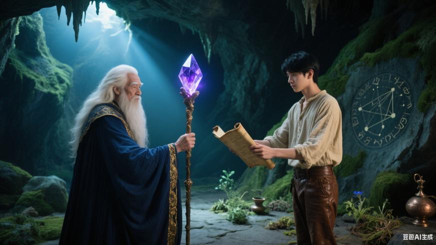 神秘山洞中的魔法师与传承善意的年轻人