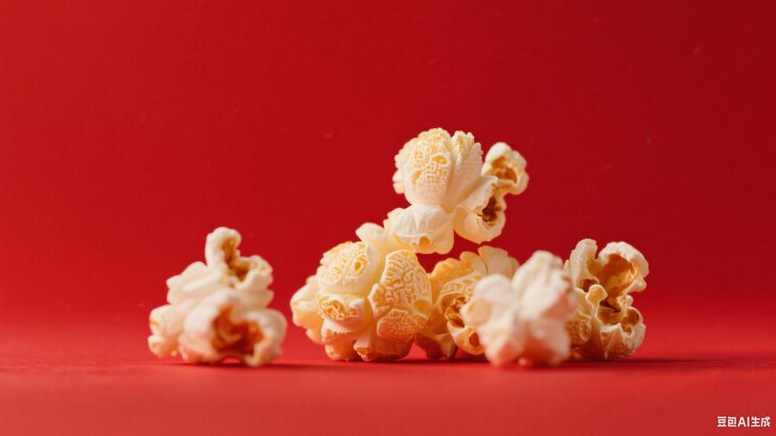 红色背景下爆米花慢动作特写镜头