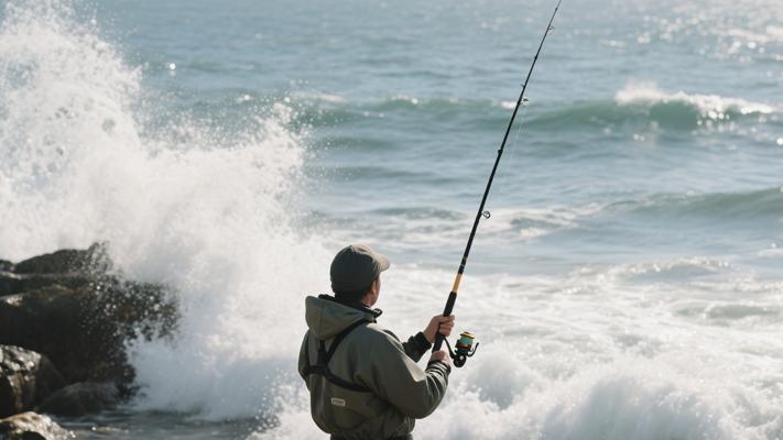 海浪飞溅中垂钓者的惬意瞬间镜头组