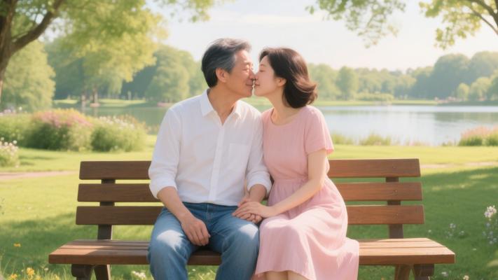 成熟情侣公园长椅深情接吻高清素材镜头