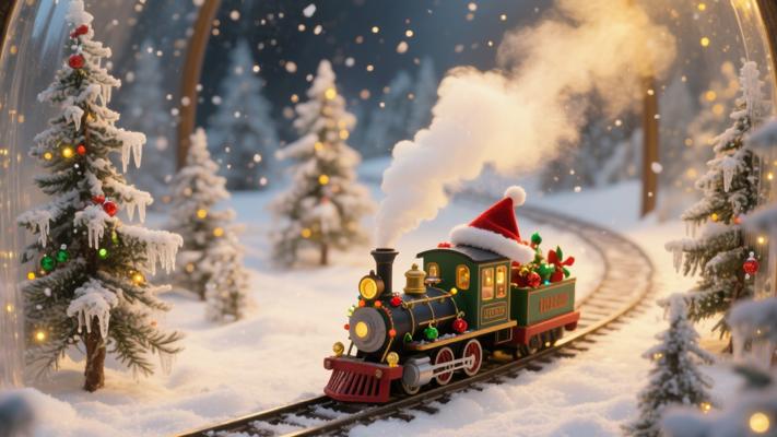 迷你冬季仙境中的圣诞微型火车