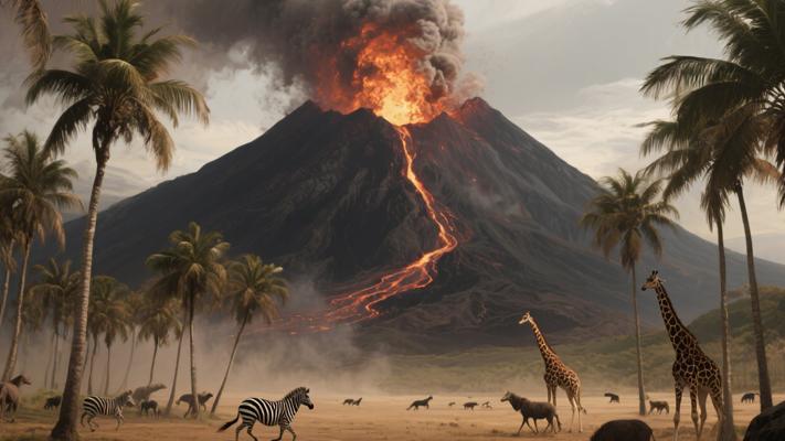 棕榈树群外火山喷发的野生动物影像素材