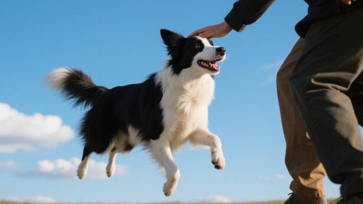 边境牧羊犬灵动瞬间与蓝天背景下的离别镜头