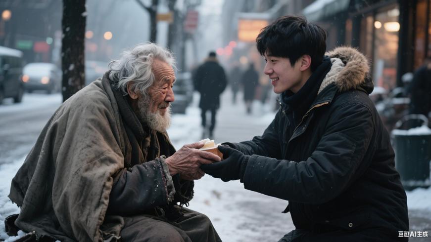 寒冬街头的温暖救赎流浪老人与年轻人的善缘