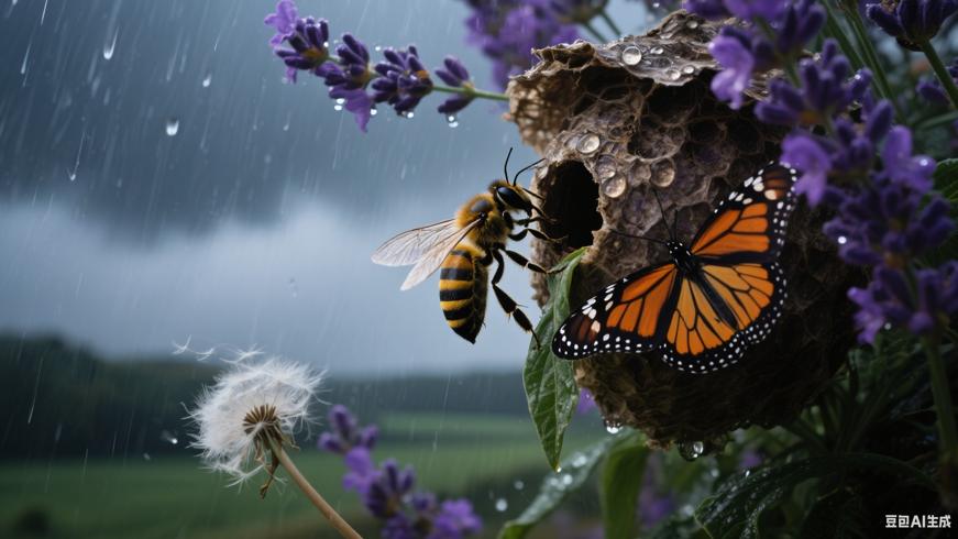 花海中小蜜蜂与蝴蝶共抗暴风雨守护家园的故事
