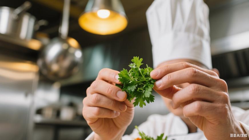 厨师餐厅烹饪添加欧芹特写镜头素材