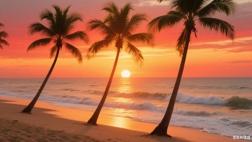 海滩日落与棕榈树交织的明亮景致