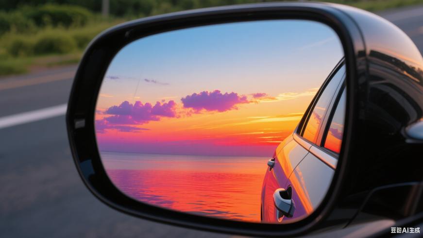 汽车侧镜中映出的美丽日落镜头