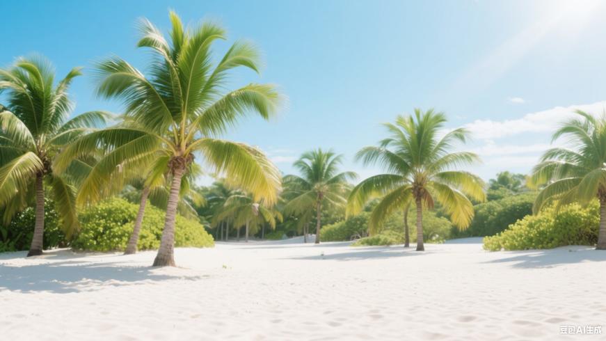 阳光明媚下的白色沙滩与绿色棕榈树