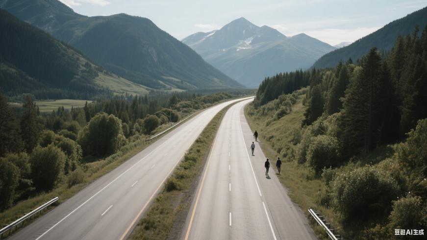 山脉中央高速公路与沿途植被及行人