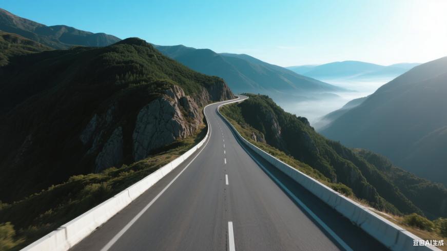 穿越山脉的弯曲公路向下行驶景观