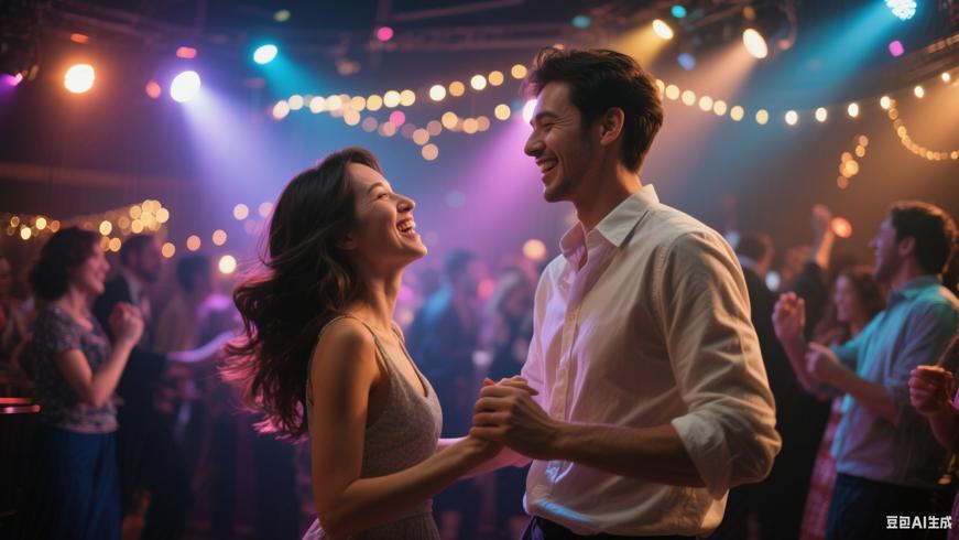 舞池里开心玩乐的情侣与闪烁灯光