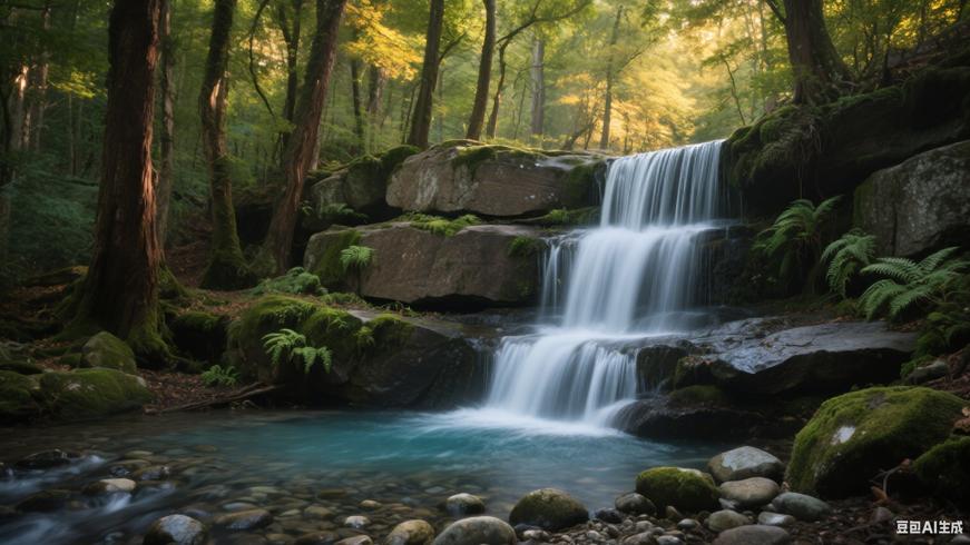 森林中潺潺流动的小石瀑布镜头