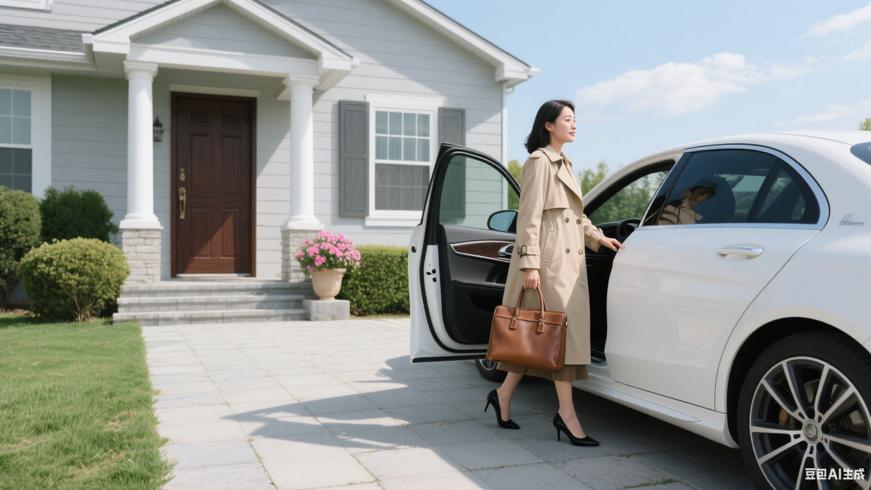 女人从白色轿车下车走进房子的画面