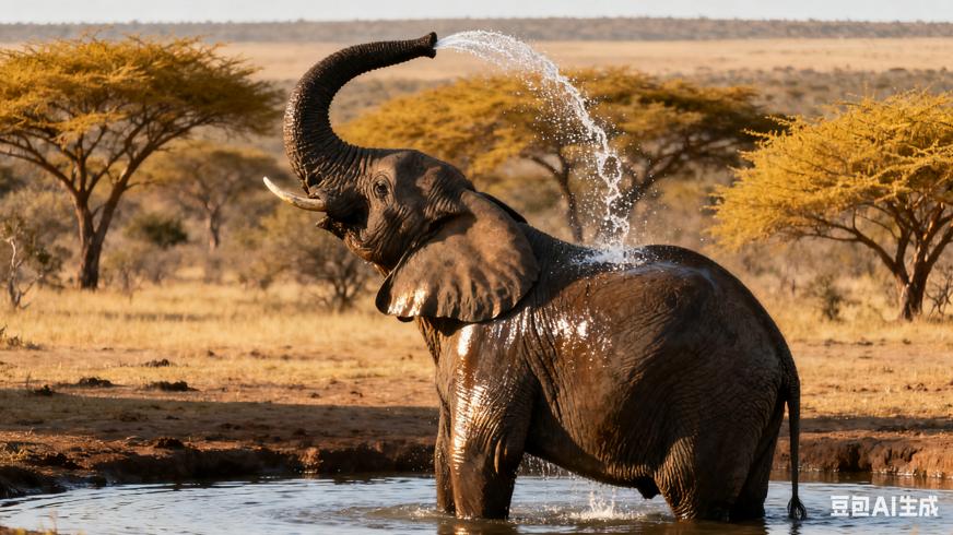 大象用象鼻泼水弄湿自身游猎高清素材文案
