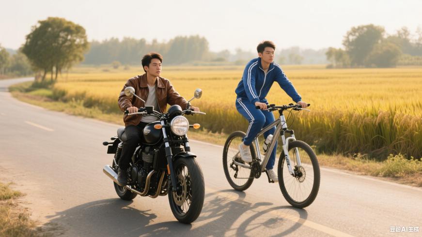 摩托车与自行车午后行驶高清素材镜头文案