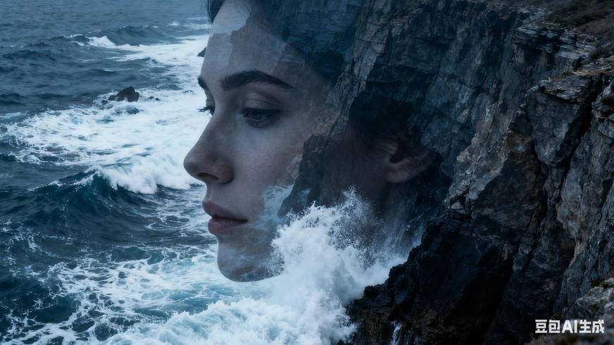 女人与海浪冲击悬崖双重曝光高清素材文案