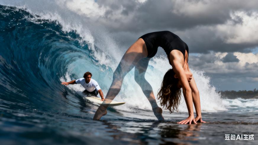 高清视频素材女子跳舞与冲浪者双重曝光场景
