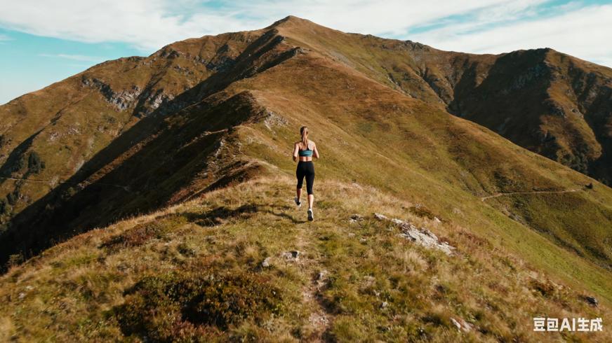 高清视频素材女孩在山上锻炼航拍镜头