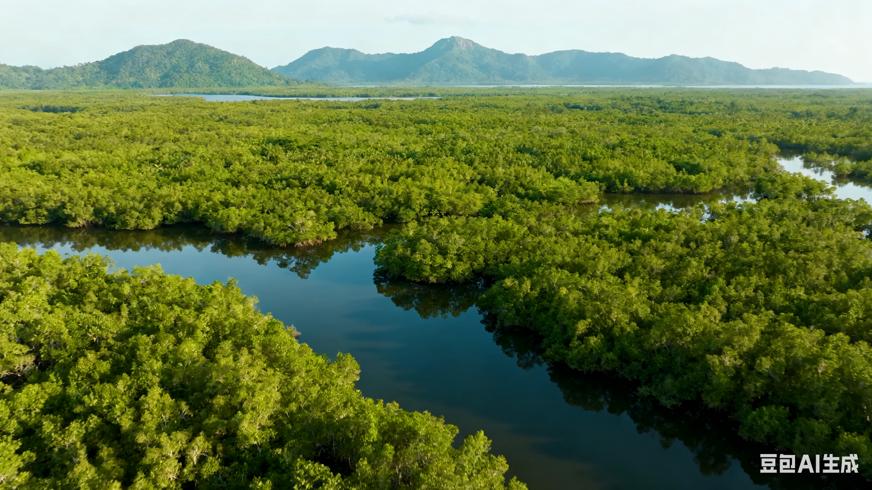高清视频素材飞越绿色红树林沼泽与远山场景