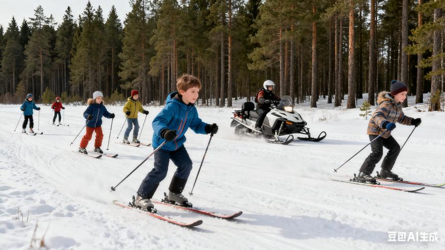 高清视频素材孩子们松林平原滑雪与越野场景
