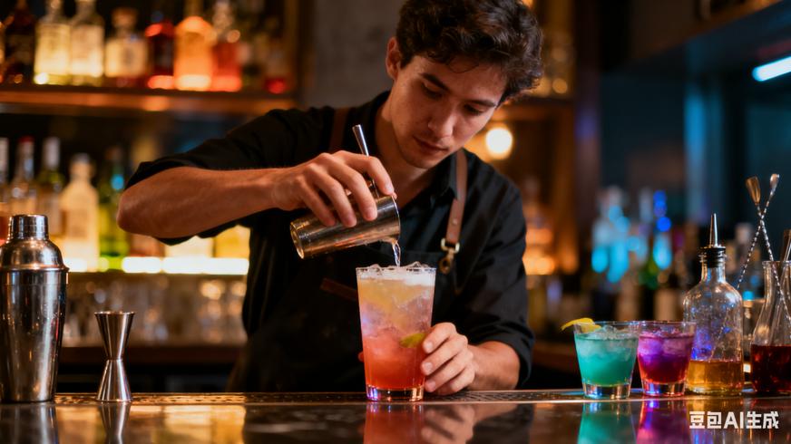 高清视频素材调酒师制作实验性鸡尾酒镜头