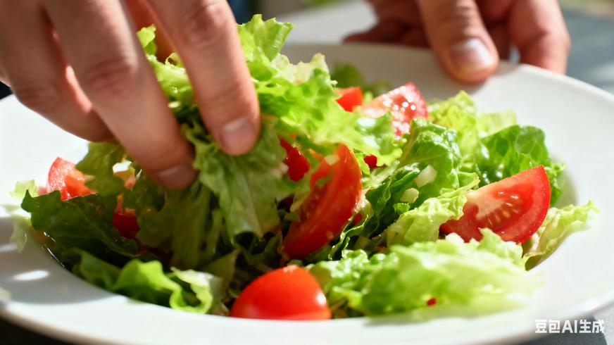 高清视频素材手工搅拌生菜番茄沙拉镜头