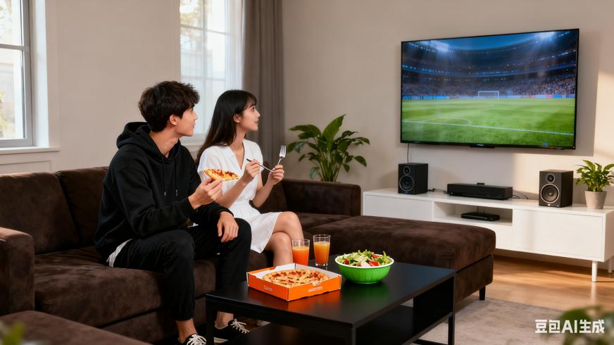 高清视频素材年轻人看电视吃快餐场景