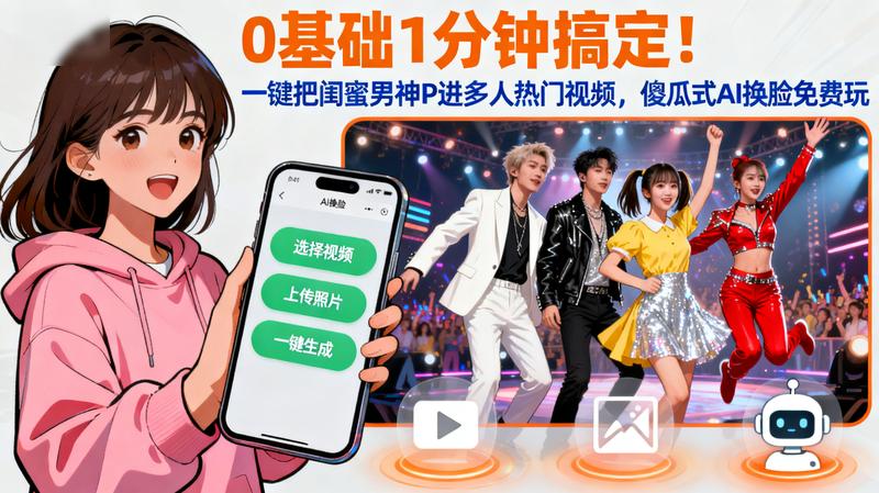 0基础1分钟搞定！一键把闺蜜男神P进多人热门视频，傻瓜式AI换脸免费玩
