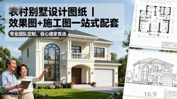 农村别墅设计图纸，两层半或三层效果图、施工图配套带...