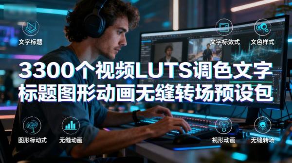 3300个视频LUTS调色文字标题图形动画无缝转场预设包