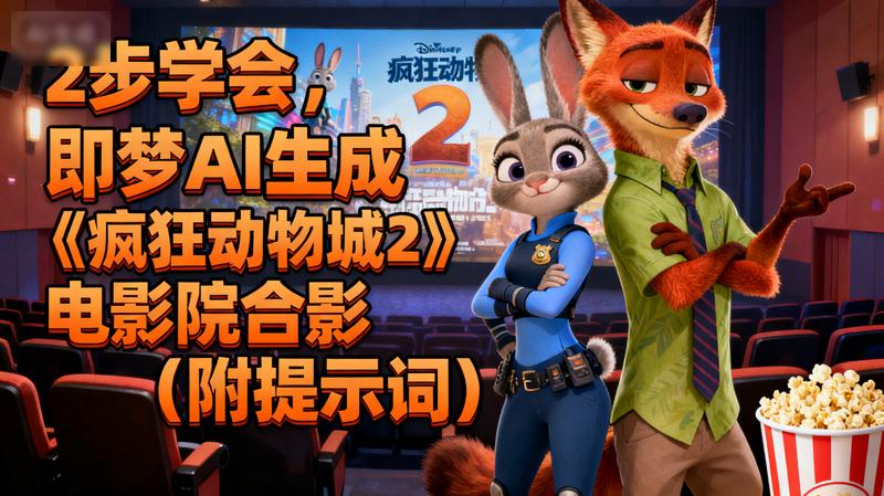 2步学会，即梦AI生成《疯狂动物城2》电影院合影（附提示词）