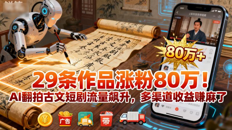 29条作品涨粉80万！AI翻拍古文短剧流量飙升，多渠道收益赚麻了