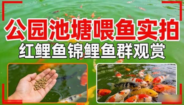 红鲤鱼锦鲤鱼观赏鱼群 公园池塘喂鱼实拍剪辑视频素材