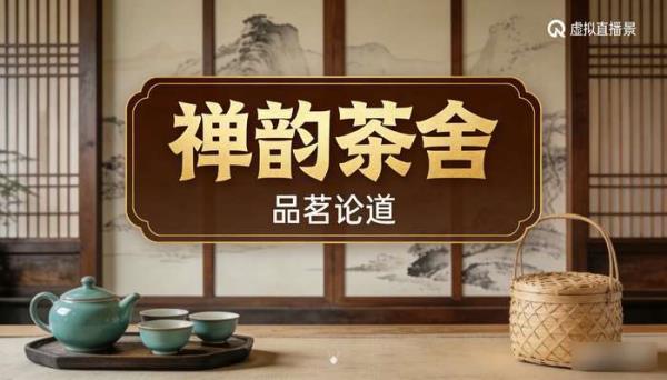 禅意中国古风茶室复古背景 抖音绿幕虚拟直播间图片素材