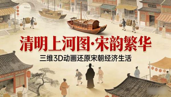清明上河图古画三维3D动画 宋朝经济繁华古代生活动态LED素材