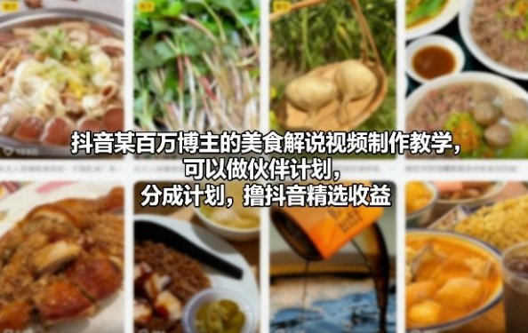 抖音某百万博主的美食解说视频制作教学 可以做伙伴计划 分成计划 撸抖音精选收益-原创