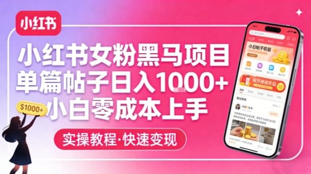 小红书女粉黑马项目，单篇帖子日入1k，小白零成本上手-原创