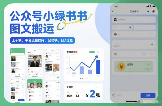 公众号小绿书图文搬运，上手快，平台流量扶持，起号快，日入2张-原创