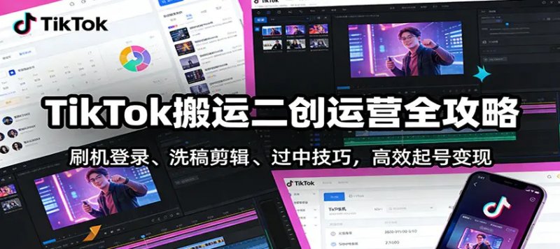 TikTok搬运二创运营全攻略 刷机登录、洗稿剪辑 、过中技巧 高效起号变现-原创