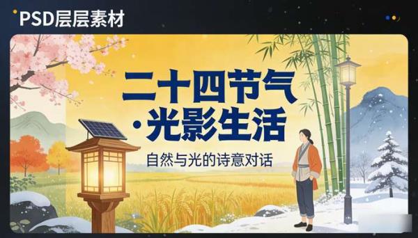 二十四节气意境风景 户外灯具场景人物海报插画PSD分层素材