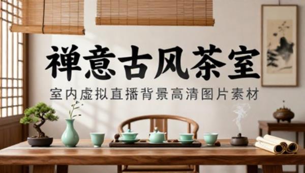 禅意古风茶室室内虚拟直播背景高清图片素材