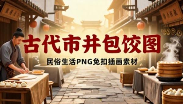 古代人物市井民俗包饺子 PNG 免扣插画素材