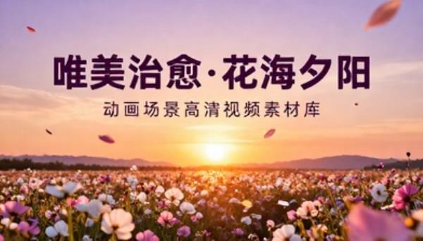 唯美治愈风景花海夕阳动画场景高清视频素材